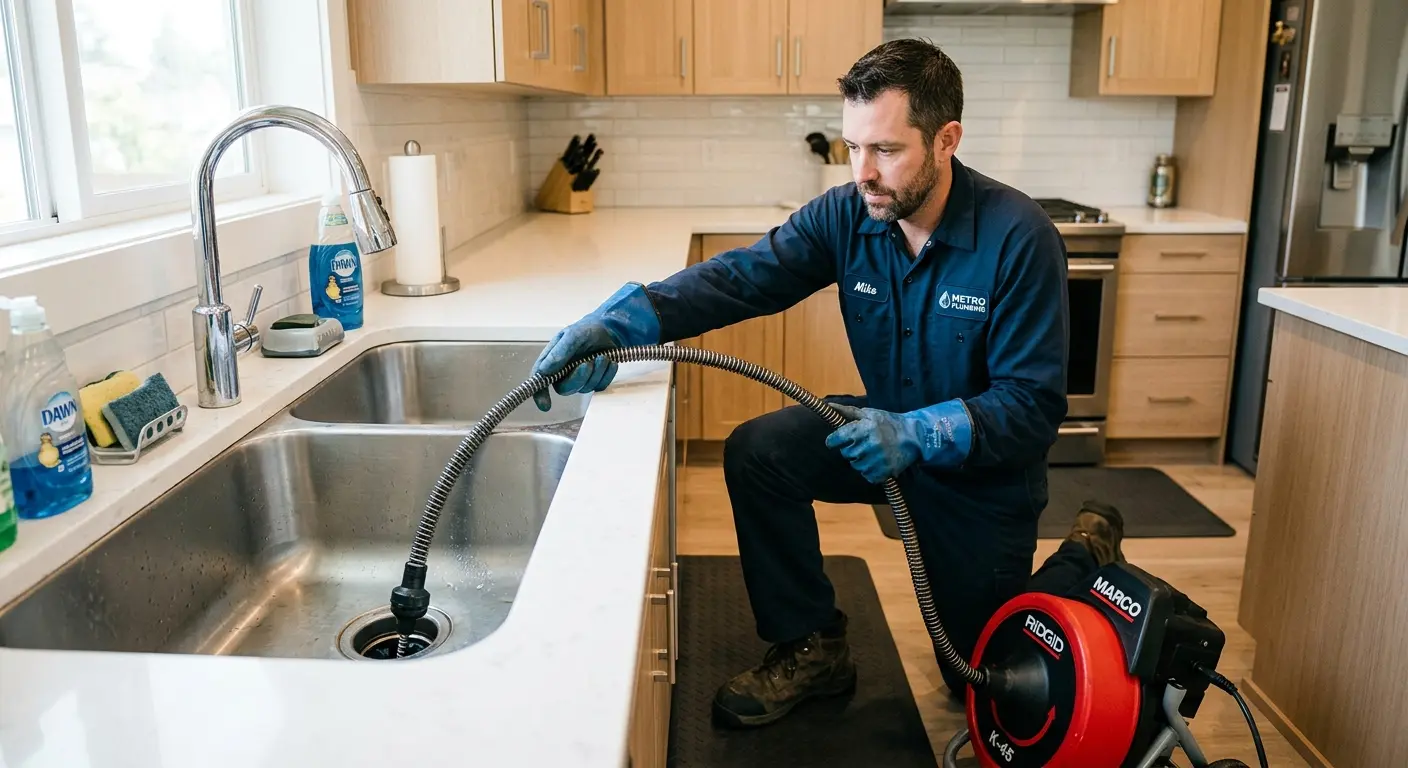 Drain cleaning technician using a motorized snake on a kitchen sink in Muskego