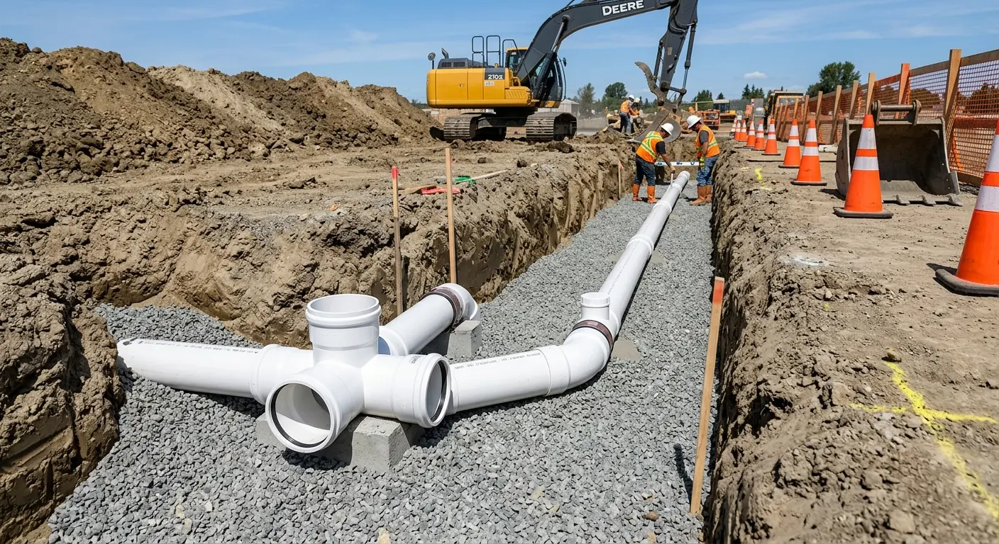 New PVC sewer pipe installation in open trench for Sewer Backup in Muskego